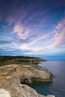 Salento Prints: Coastal tower Torre Miggiano at sunset in summer, Santa Cesarea Terme, Porto Miggiano