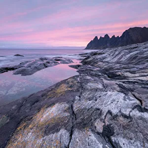 Tungeneset Prints: Coastal view at dawn of Devil's Teeth Mountain