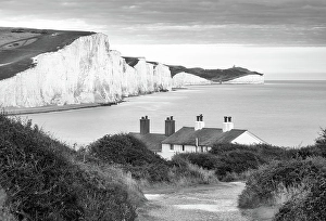 Cottages Prints: Coastguard cottages at Cuckmere Haven