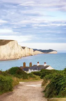 Cottages Prints: Coastguard cottages at Cuckmere Haven and Seven Sisters cliffs
