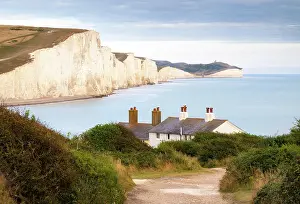 Cottages Prints: Coastguard cottages at Cuckmere Haven and Seven Sisters cliffs