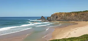 Summer Day Prints: Coastline view of headlands and bay with wide sandy beach