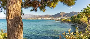 Creek Prints: Coastline view of Limenas Chersonisou with trees and mountains in the background