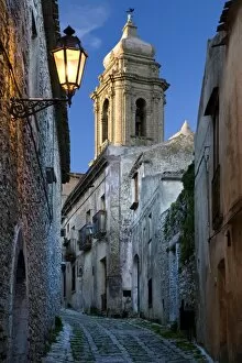 Cobbled alleyway at dusk, Erice, Sicily, Italy, Europe