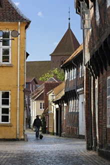 Jutland Prints: Cobblestone alley in the old town with tower of St