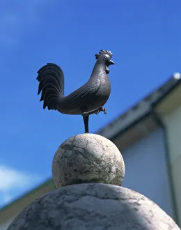 Birds Prints: Cockerel over fountain at Calvari, Pollenca, Mallorca, Balearic Islands, Spain, Europe