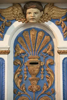 Finistere Prints: Collection box in Kerdevot church, Kerdevot, Finistere, Brittany, France, Europe