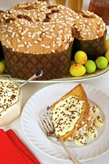 Food And Drink Prints: Colomba cake (dove cake) with cream sauce, an Italian speciality for Easter Day