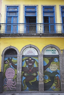 Stereotypically Brazilian Prints: Colonial architecture and colourful mural, Centro, Rio de Janeiro, Brazil, South America