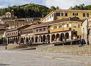 Colonialism Prints: Colonial houses with balconies, Main Square, UNESCO World Heritage Site, Cusco, Peru