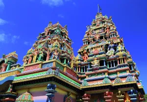 Sculptures Prints: Colorful architectural details of Draupadee Ammen Kovil Hindu Temple in Goodlands showcasing intricate sculptures