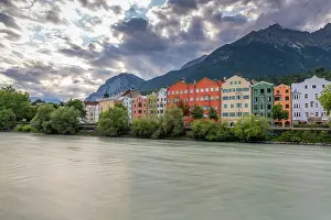Innsbruck Prints: Colorful buildings line the River Inn during summer sunset in Innsbruck