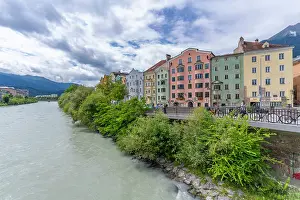 Walkways Prints: Colorful buildings line the River Inn on a sunny summer day in Innsbruck