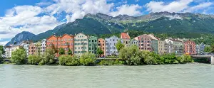 Innsbruck Prints: Colorful buildings line the River Inn on a sunny summer day in Innsbruck