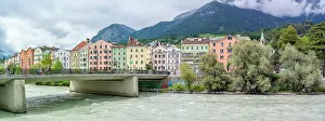 Innsbruck Prints: Colorful buildings line the River Inn on a sunny summer day in Tyrol Region