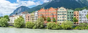 Innsbruck Prints: Colorful buildings along the River Inn on a sunny summer day in Innsbruck