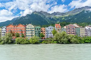 Innsbruck Prints: Colorful buildings beside the River Inn on a sunny summer day in Innsbruck