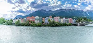 Innsbruck Prints: Colorful buildings along River Inn at sunset in Innsbruck Tyrol Region Austria during summer
