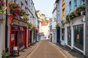 Bright Prints: Colorful facades and flower boxes line a pedestrian lane in St