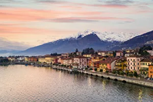 Lake Como Prints: Colorful houses of Gravedona and mountains at dawn, Lake Como, province of Como, Lombardy