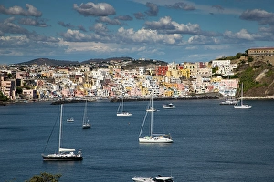 Azure Prints: Colorful houses on Procida Island, Phlegraean Islands, Bay of Naples, Campania, Italy