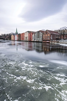 Trondheim Prints: Colorful houses reflected in the River Nidelva, Bakklandet, Trondheim, Norway, Scandinavia