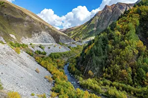 Fresh Prints: Colorful landscapes in the Caucasus mountains during autumn in South Ossetia, Russia