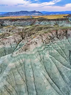 Vast Prints: Colorful mountains seen from a drone at sunset over the landscape in Turkey's Ankara region with unique rock