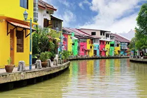 Restaurants Prints: Colorful old houses converted into restaurants or shops along the Malacca or Melaka river riverfront