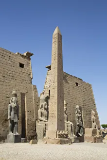 Obelisk Prints: Colossi of Ramses II in front of Pylon, Obelisk, Luxor Temple, UNESCO World Heritage Site