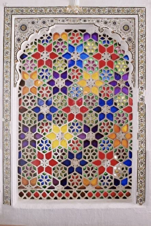 Coloured glass Jali in hallway within the palace