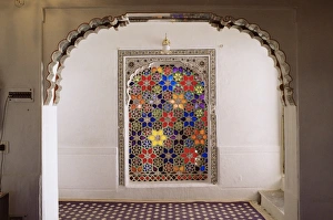 Hall Way Prints: Coloured glass Jali in hallway within the palace