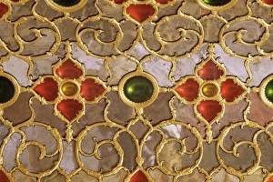 Looking Glass Prints: Detail of the coloured glass and mirror work in