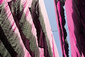 Hung Prints: Coloured sheets in the souk, Marrakech, Morocco, North Africa, Africa