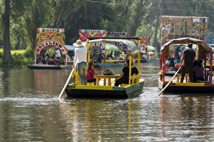 Colourful boats at the Floating Gardens in Xochimilco, UNESCO World Heritage Site, Mexico City, Mexico, North America