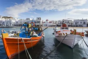 Chora Prints: Colourful boats in harbour, whitewashed Mykonos Town (Chora) with windmills and churches