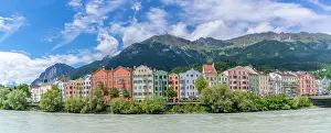 Innsbruck Prints: Colourful buildings along River Inn on a sunny summer day in Innsbruck