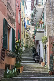 Liguria Prints: Colourful buildings and steps in Monterosso, Cinque Terre, UNESCO World Heritage Site