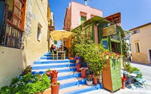 Bright Colour Prints: Colourful Cafe in Rethymnon, Crete, Greek Islands, Greece, Europe