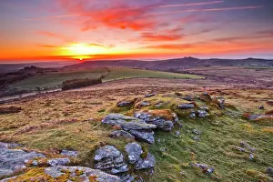 Sun Rise Prints: A colourful dawn on Chinkwell Tor in Dartmoor National Park