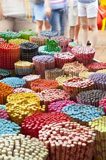 Multi Coloured Prints: Colourful decorative chopsticks for sale as souvenirs to tourists in Chinatown market