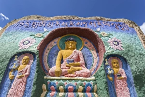 Green Colour Prints: Colourful exterior Buddha artwork, Aryapaia Buddhist monastery, Terelj National Park