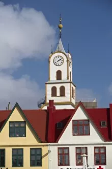 Images Dated 21st September 2008: Colourful gabled buildings and Havnar Kirkja (Torshavns cathedral)