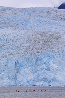 Kayaking Prints: Colourful kayaks, Aialik Glacier, blue ice, Harding Icefield, Kenai Fjords National Park