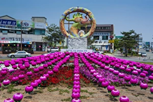 Korean Prints: Colourful lanterns around the King Seong statue, Buyeo, South Korea, Asia
