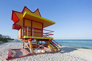 Lifeguard Tower Prints: Colourful Lifeguard station on South Beach and the Atlantic Ocean, Miami Beach, Miami
