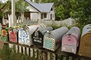 Colourful mailboxes in Madrid, New Mexico, United States of America, North America