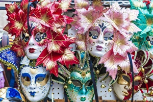 Disguise Prints: Colourful masks of the Carnival of Venice, famous festival worldwide, Venice, Veneto