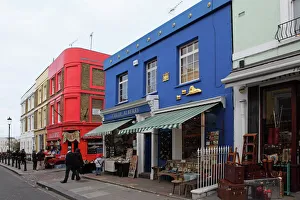Street Scenes Prints: Colourful shops in Portobello Road, famed for its market, Notting Hill