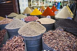 Choice Prints: Colourful spices for sale in the Marrakech souks, Morocco, North Africa, Africa